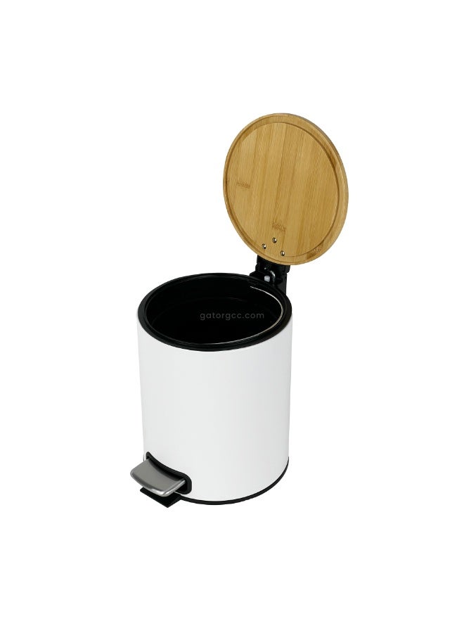 EK Bins Soft-Close Pedal Bin – Bamboo Top & Matte White Body with Metal Pedal-5L - Image 3